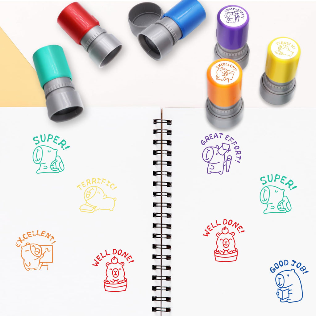 Kapibala 6-Piece Self-Inking Teacher Stamps Set - Motivational Grading Stamps with Cute Capybara Designs for Classroom Rewards