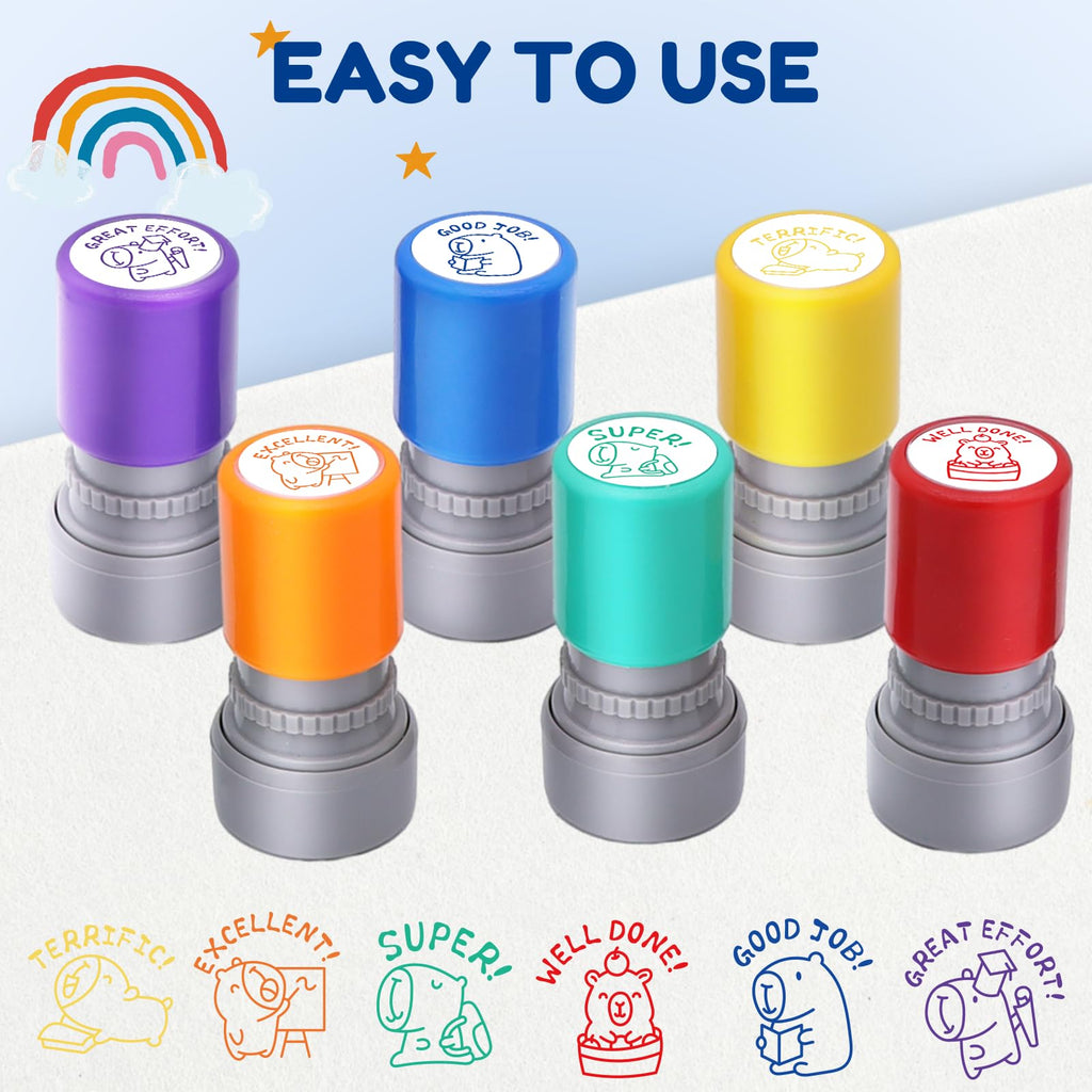 Kapibala 6-Piece Self-Inking Teacher Stamps Set - Motivational Grading Stamps with Cute Capybara Designs for Classroom Rewards