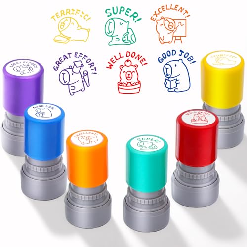 Kapibala 6-Piece Self-Inking Teacher Stamps Set - Motivational Grading Stamps with Cute Capybara Designs for Classroom Rewards