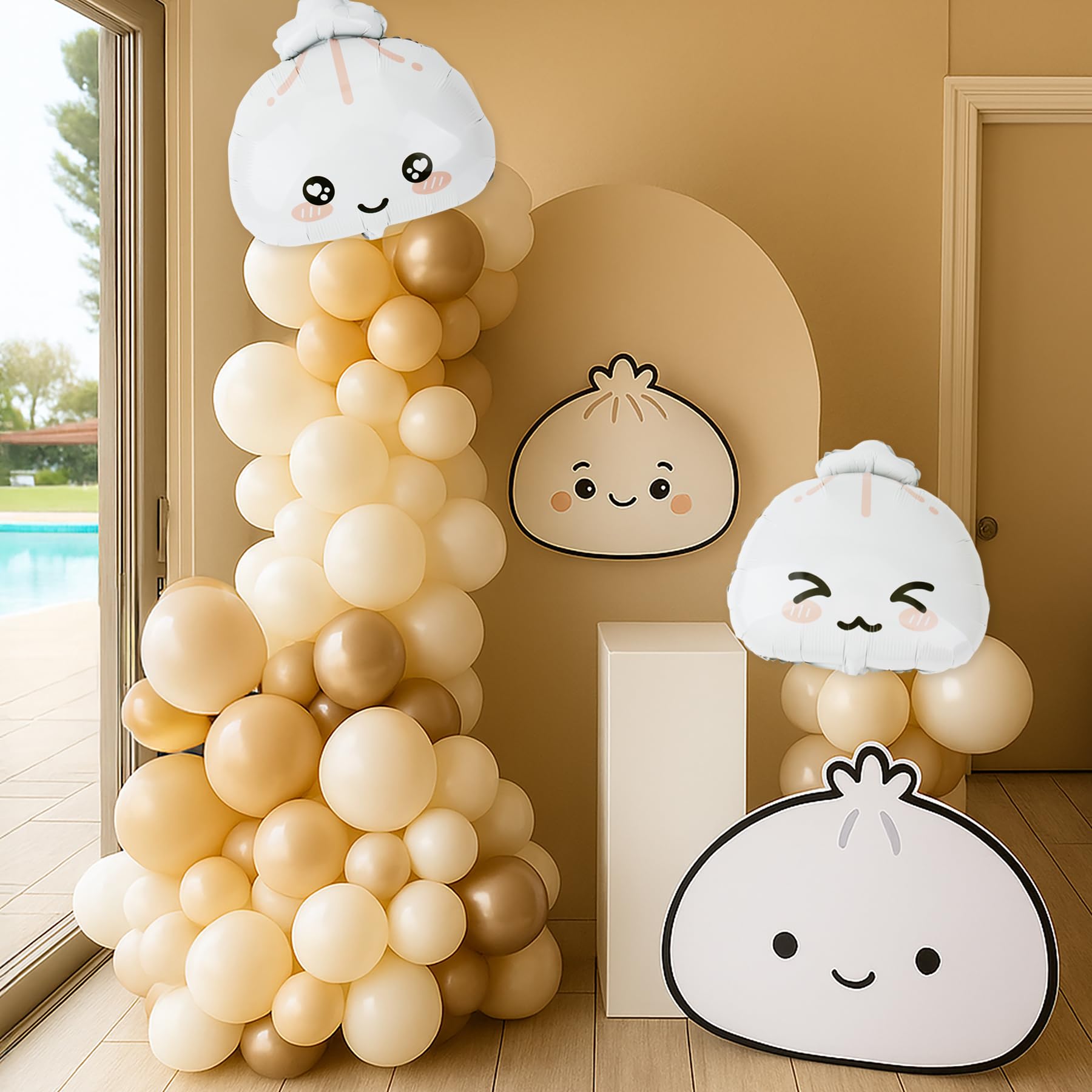 KARAQY 125-Piece Dumpling Baby Shower Balloon Garland Set - Neutral Latex Balloons with Adorable Faces