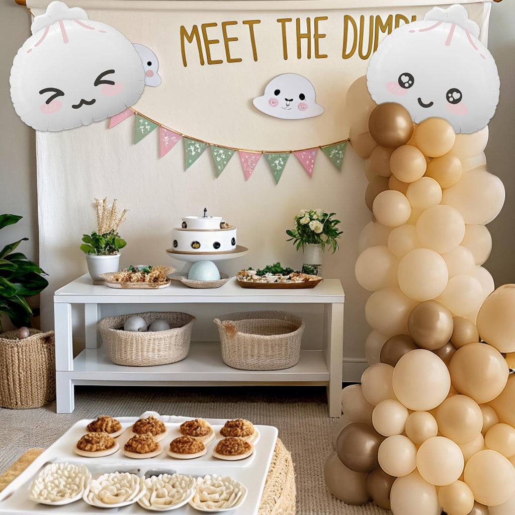 KARAQY 125-Piece Dumpling Baby Shower Balloon Garland Set - Neutral Latex Balloons with Adorable Faces