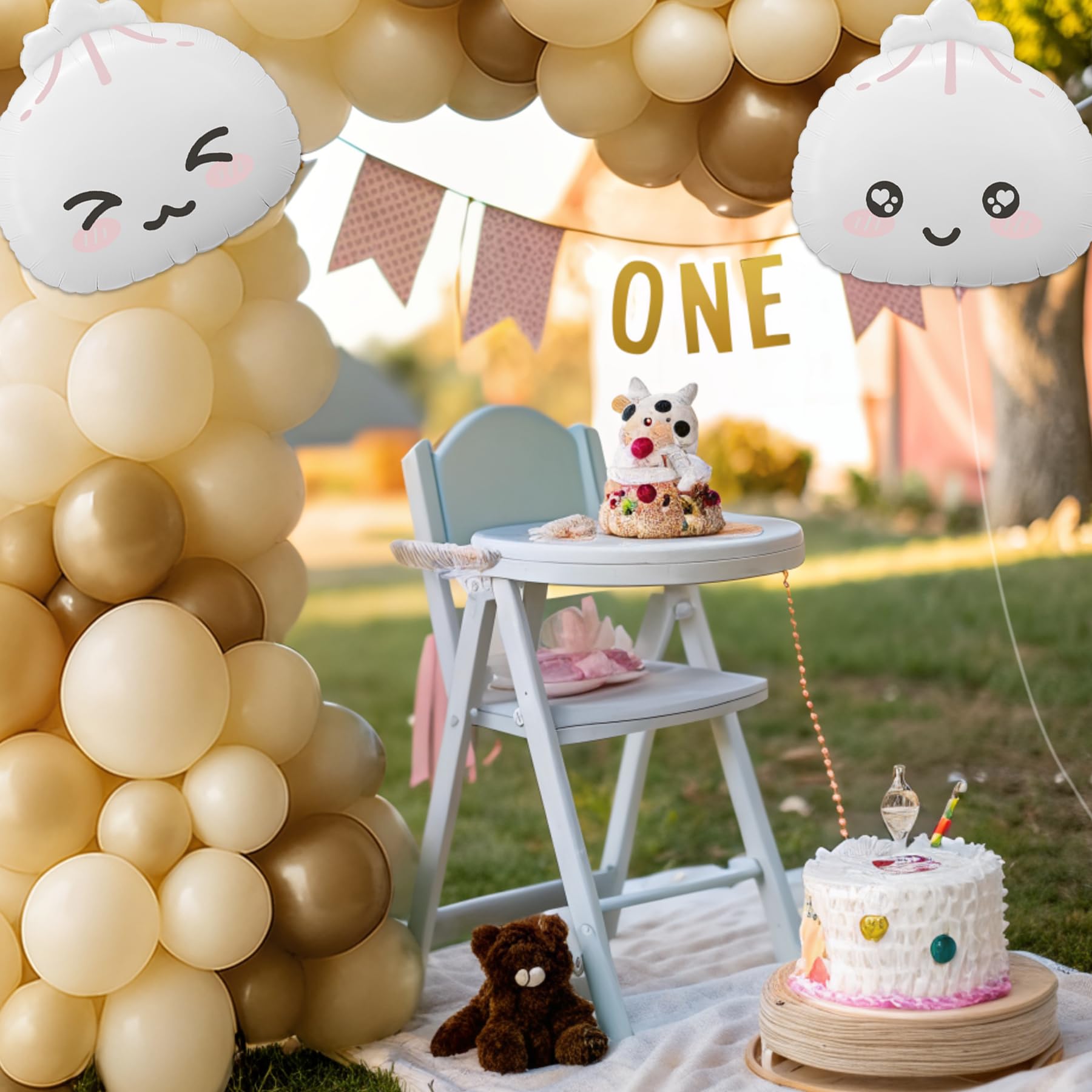 KARAQY 125-Piece Dumpling Baby Shower Balloon Garland Set - Neutral Latex Balloons with Adorable Faces