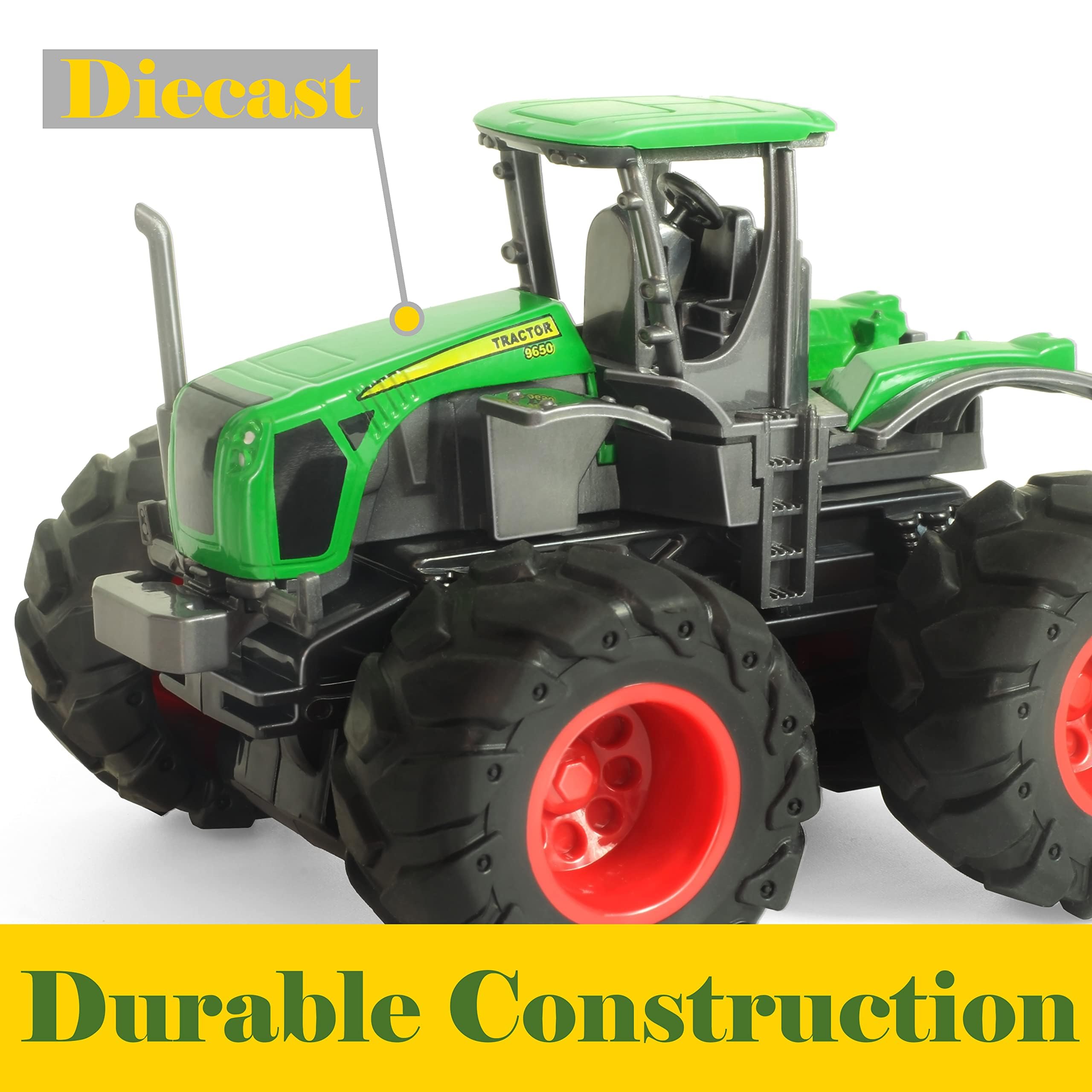 KARMOUNT Die-Cast Metal Toy Tractors with Trailer – Movable Parts, Realistic Details for Kids 3-5