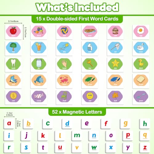 Kasfalci Magnetic Letters & First Word Flash Cards Set - 52 ABC Magnets with Phonics Games for Toddlers
