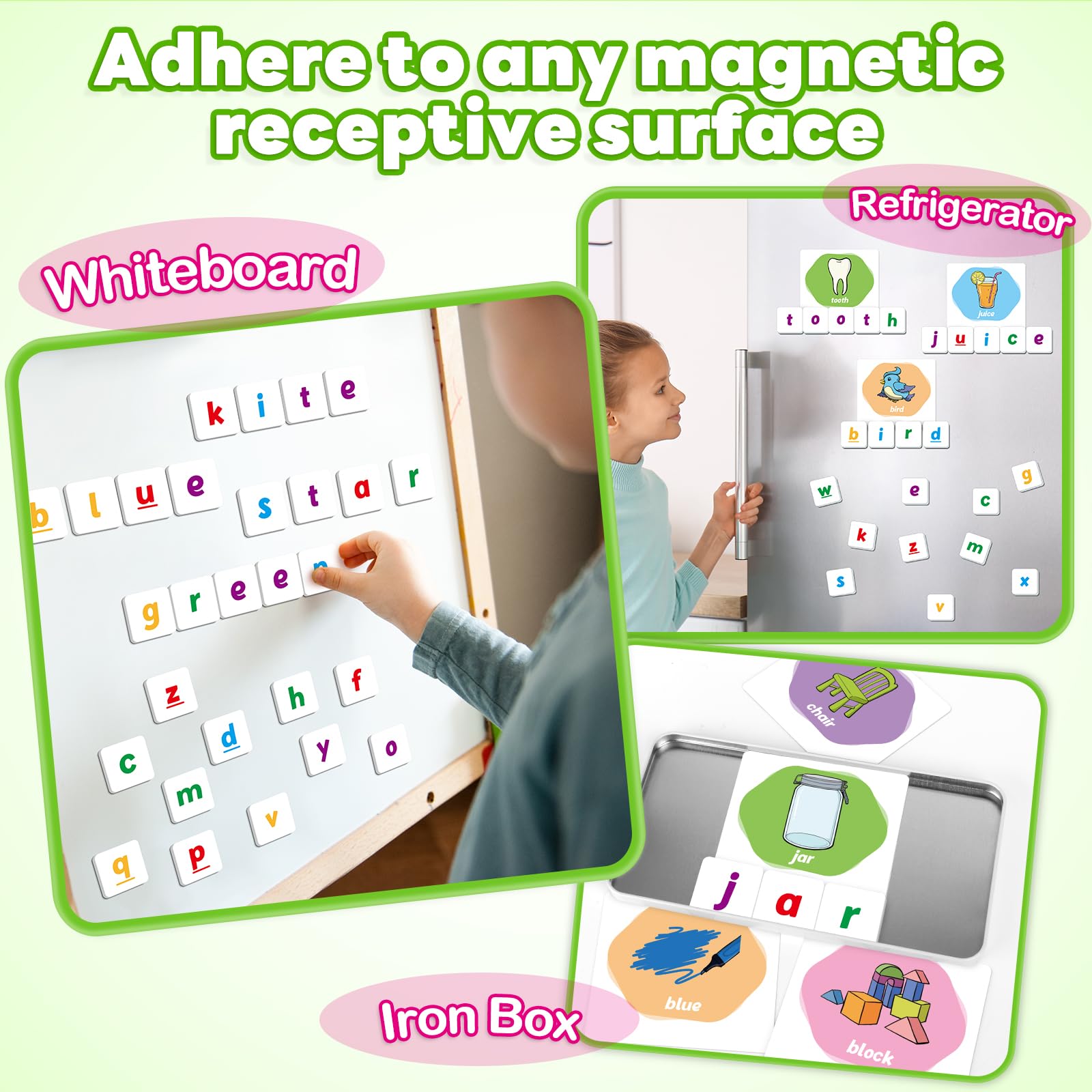 Kasfalci Magnetic Letters & First Word Flash Cards Set - 52 ABC Magnets with Phonics Games for Toddlers