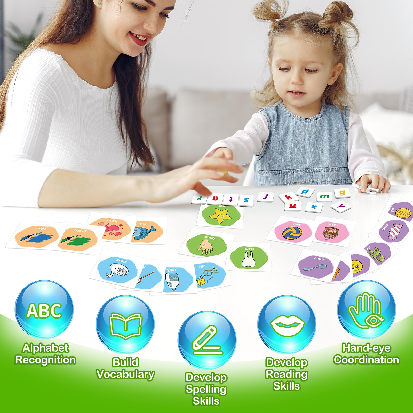 Kasfalci Magnetic Letters & First Word Flash Cards Set - 52 ABC Magnets with Phonics Games for Toddlers