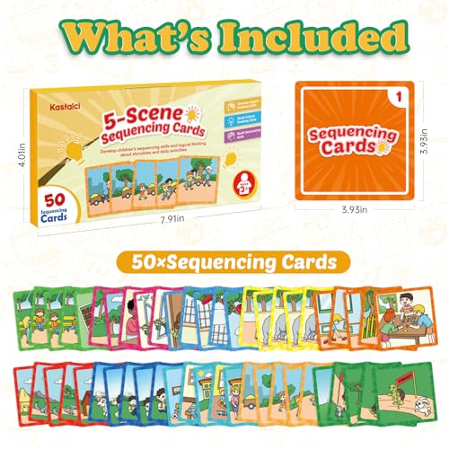 Kasfalci Sequencing Cards for Kids - 50-Piece Sequence Game for Speech Therapy, Autism, and Preschool Learning Activities