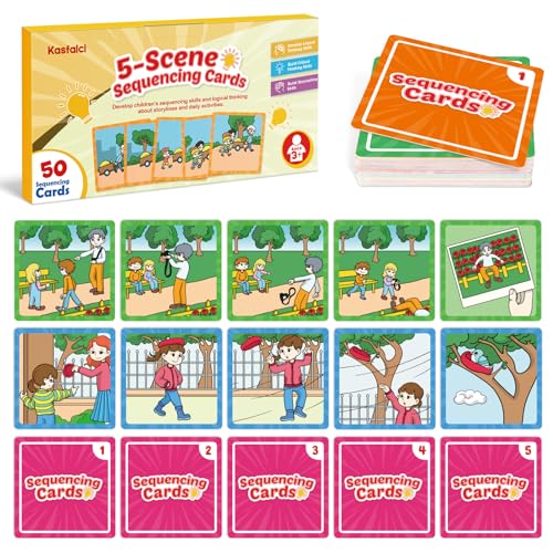 Kasfalci Sequencing Cards for Kids - 50-Piece Sequence Game for Speech Therapy, Autism, and Preschool Learning Activities