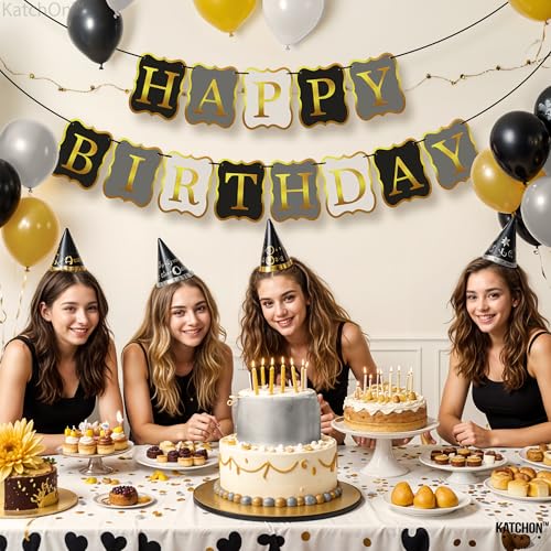 KatchOn 10-Foot Black & Gold Happy Birthday Banner – Pre-Strung No DIY, Reusable Cardstock