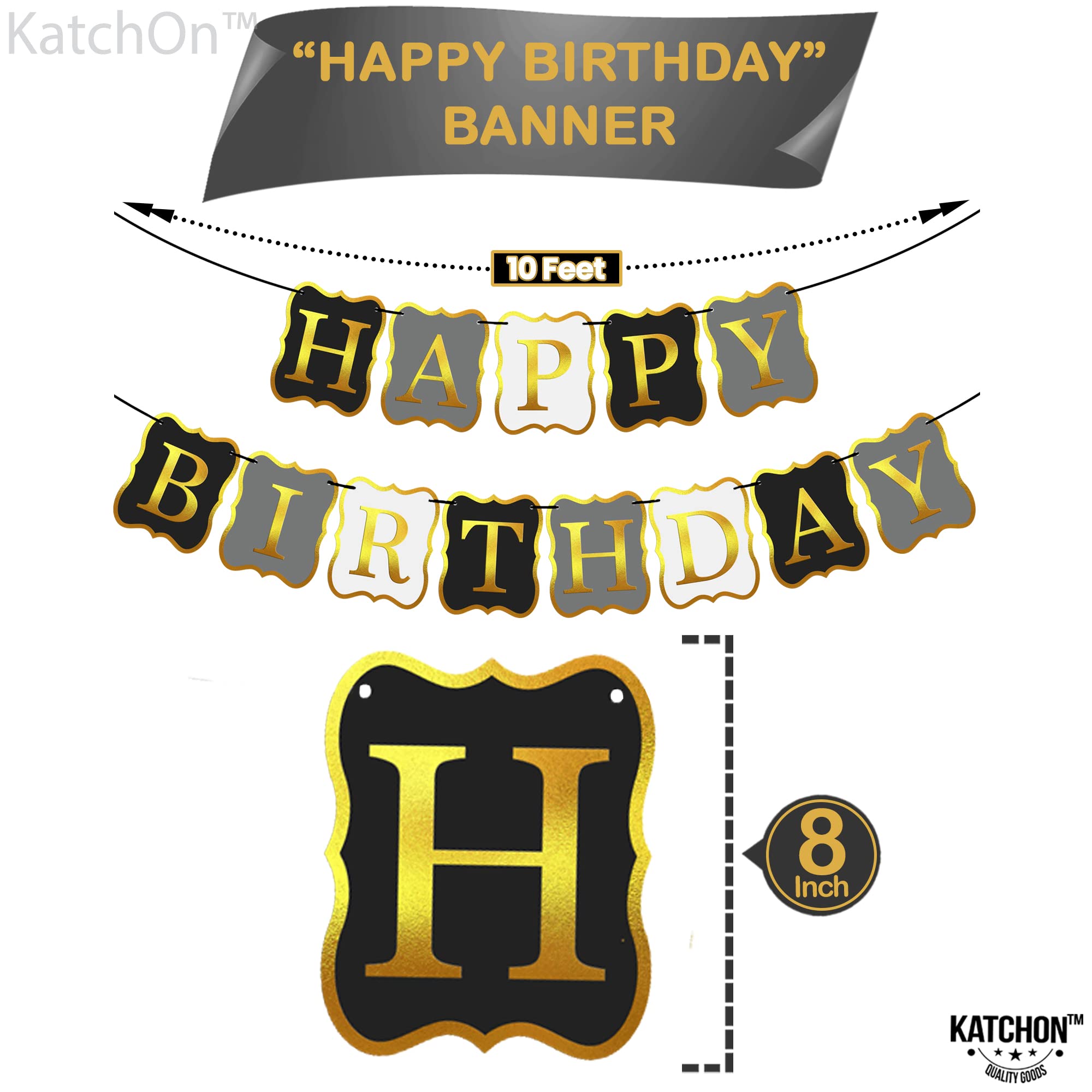 KatchOn 10-Foot Black & Gold Happy Birthday Banner – Pre-Strung No DIY, Reusable Cardstock