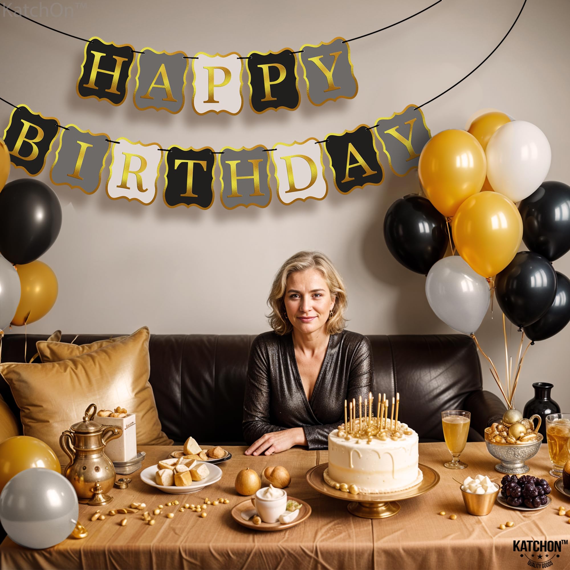 KatchOn 10-Foot Black & Gold Happy Birthday Banner – Pre-Strung No DIY, Reusable Cardstock