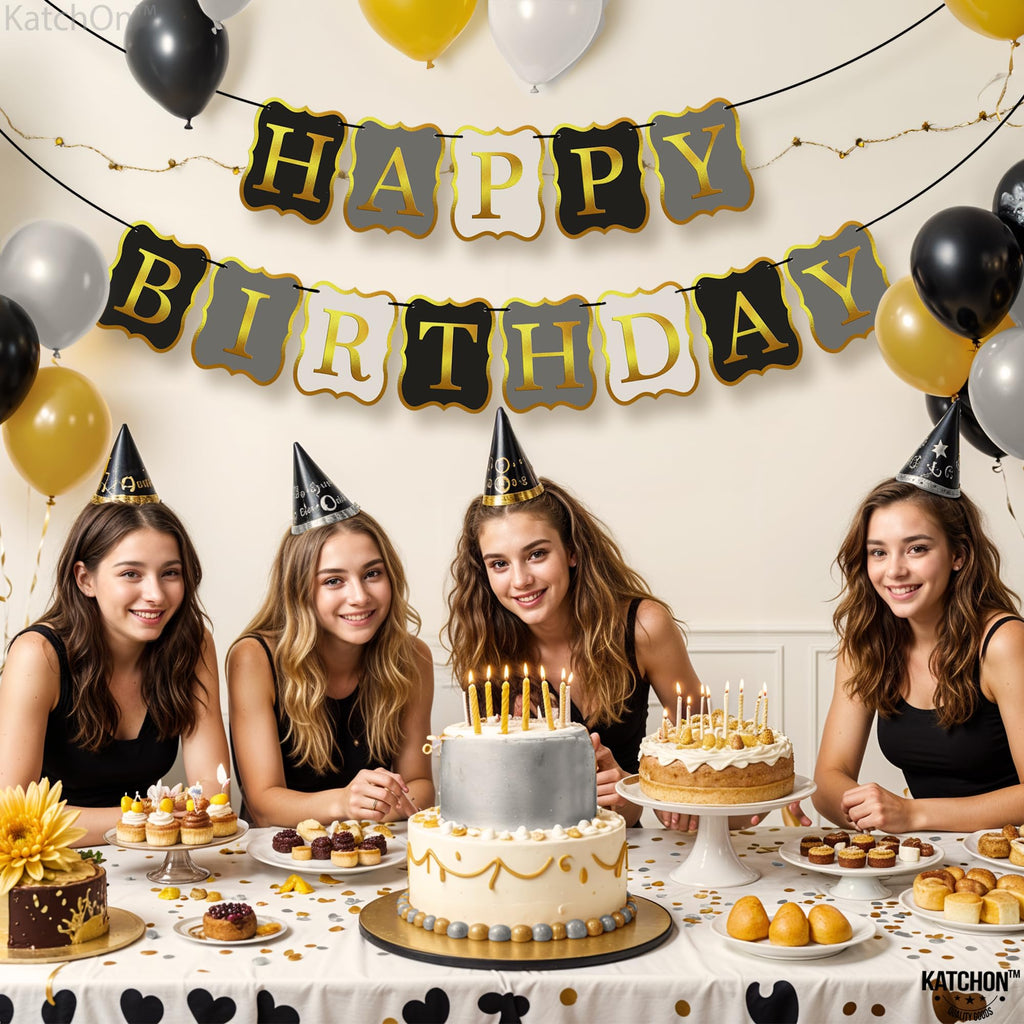 KatchOn 10-Foot Black & Gold Happy Birthday Banner – Pre-Strung No DIY, Reusable Cardstock