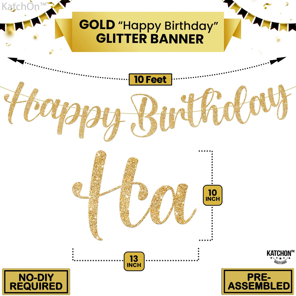 KatchOn 10ft Glitter Gold Happy Birthday Banner – Pre-Strung Cursive Banner for Party Decor