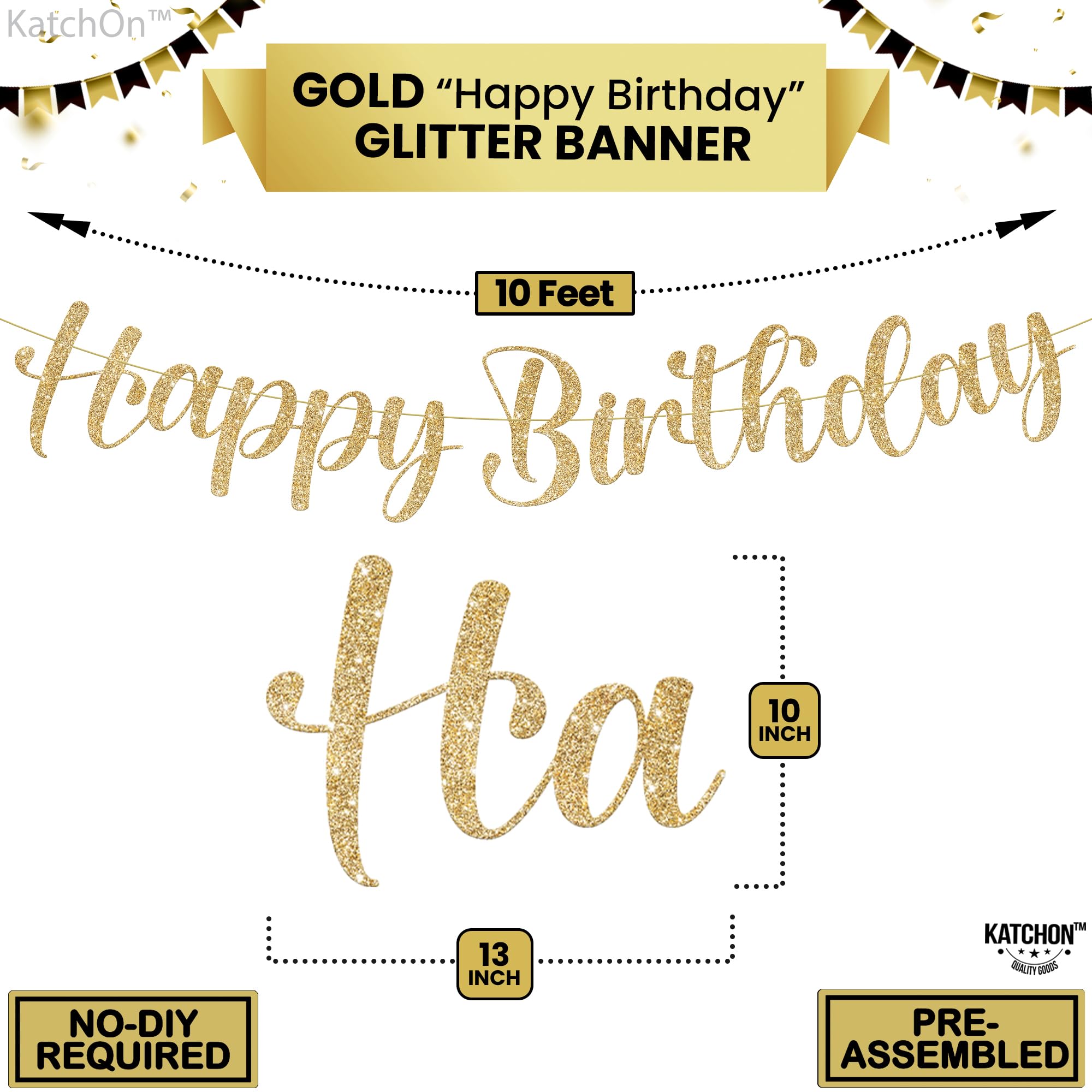 KatchOn 10ft Glitter Gold Happy Birthday Banner – Pre-Strung Cursive Banner for Party Decor