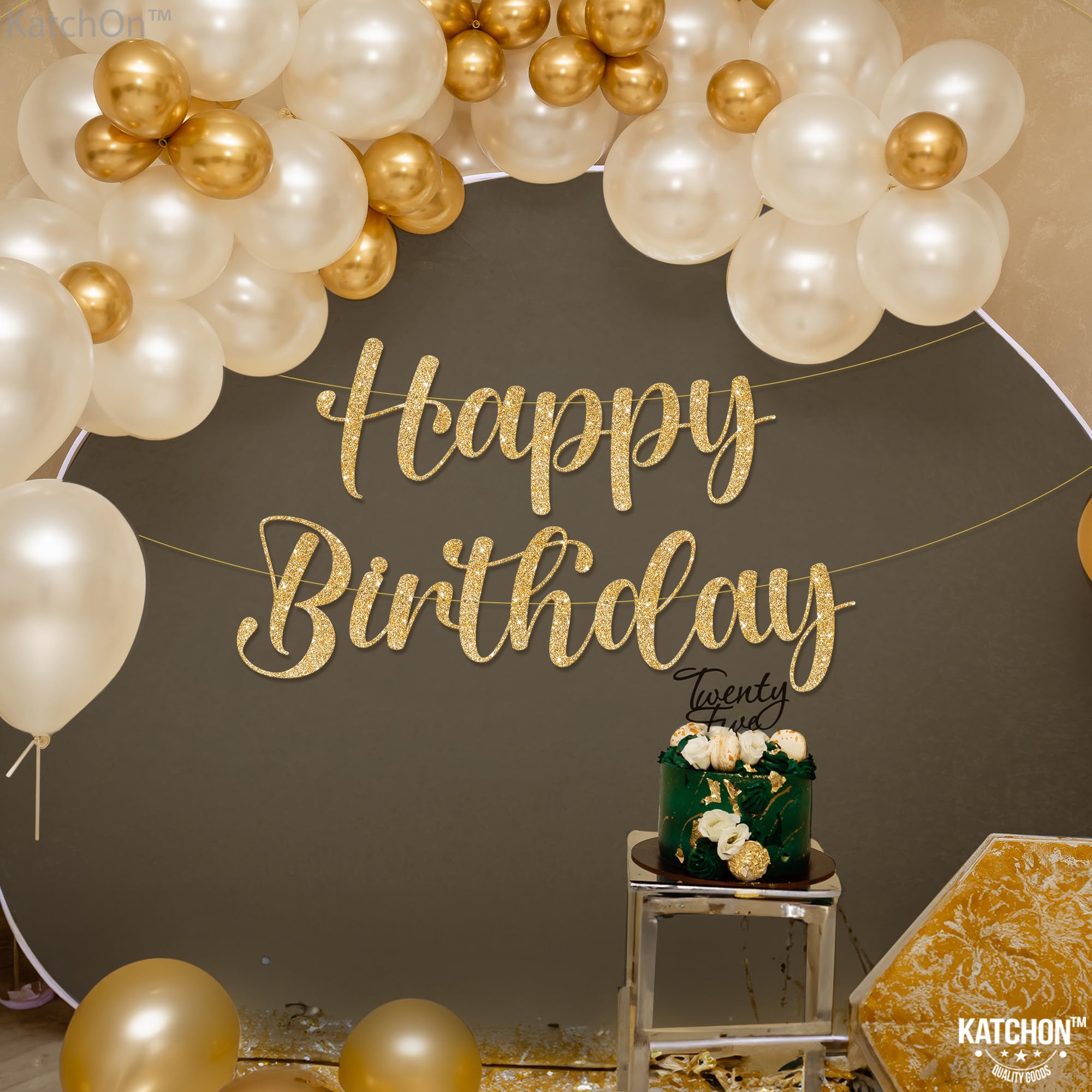 KatchOn 10ft Glitter Gold Happy Birthday Banner – Pre-Strung Cursive Banner for Party Decor