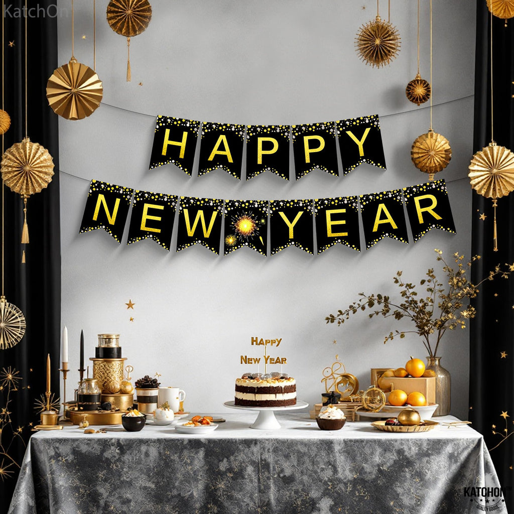 KatchOn 10ft Happy New Year Banner 2026 - Gold Pre-Strung Cardstock, No DIY
