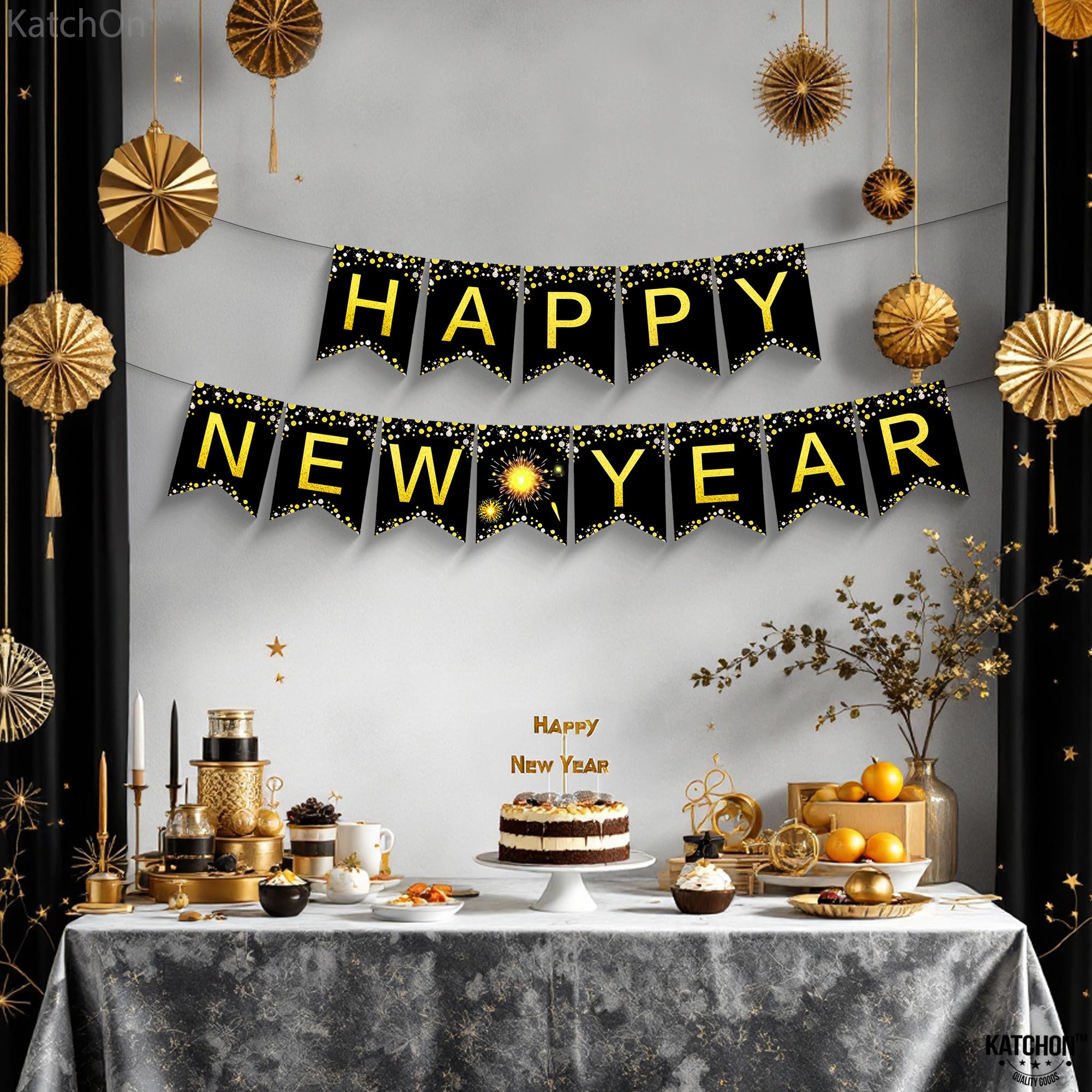 KatchOn 10ft Happy New Year Banner 2026 - Gold Pre-Strung Cardstock, No DIY