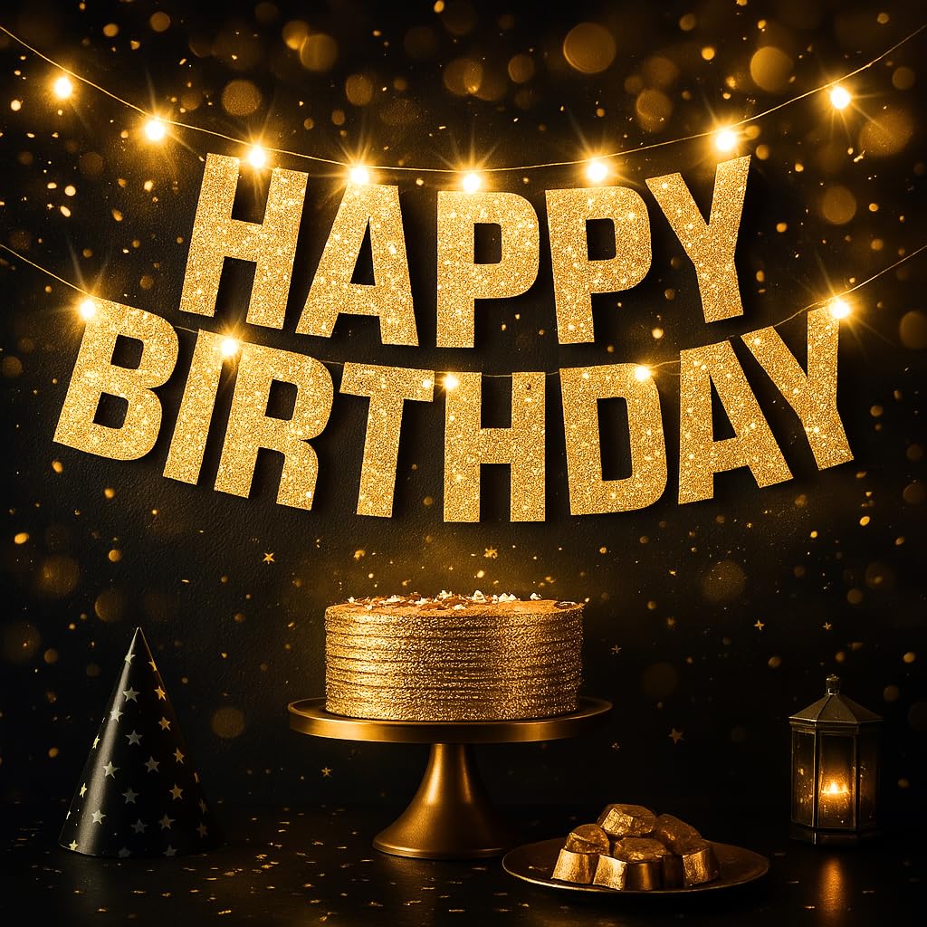 KatchOn 10ft Pre-Strung Glitter Gold Light Up Happy Birthday Banner with 8 Modes