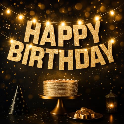 KatchOn 10ft Pre-Strung Glitter Gold Light Up Happy Birthday Banner with 8 Modes