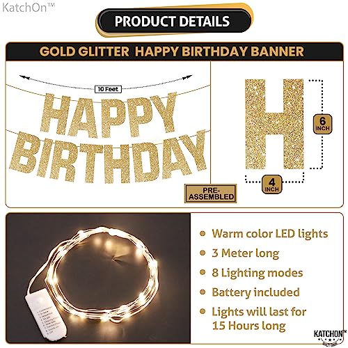 KatchOn 10ft Pre-Strung Glitter Gold Light Up Happy Birthday Banner with 8 Modes