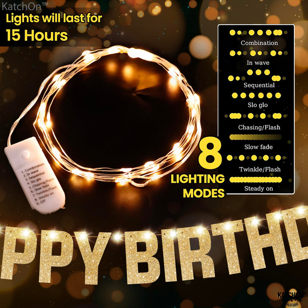 KatchOn 10ft Pre-Strung Glitter Gold Light Up Happy Birthday Banner with 8 Modes
