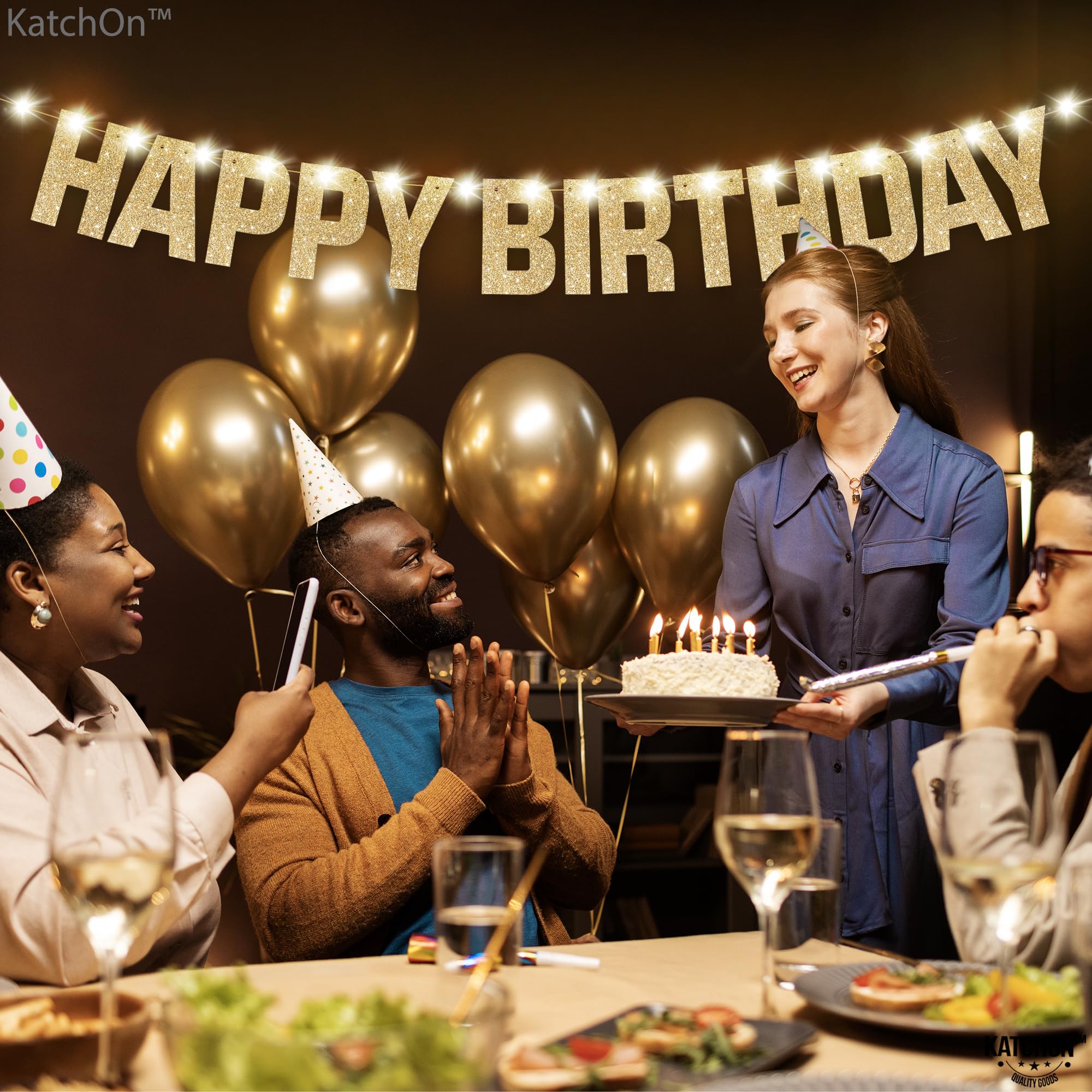 KatchOn 10ft Pre-Strung Glitter Gold Light Up Happy Birthday Banner with 8 Modes