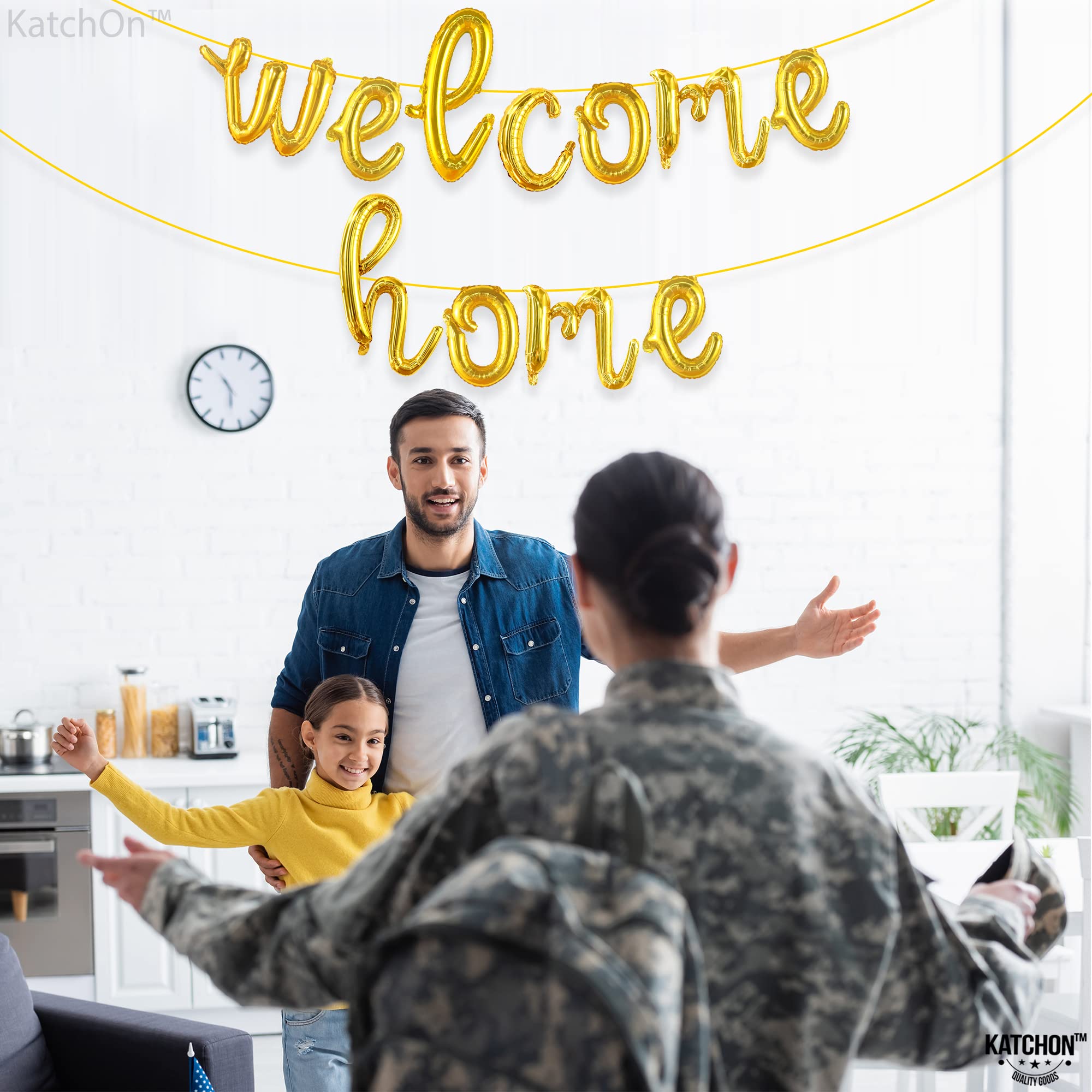 KatchOn 16 Inch Gold Welcome Home Balloons – Reusable Foil Banner for Homecoming Decorations