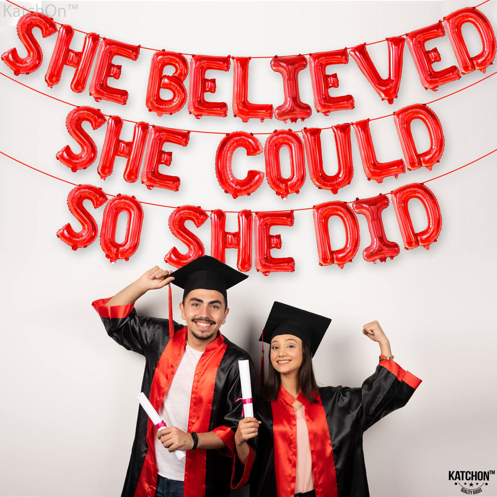 KatchOn 16 Inch Red 'She Believed She Could So She Did' Foil Balloon for Graduation Decorations