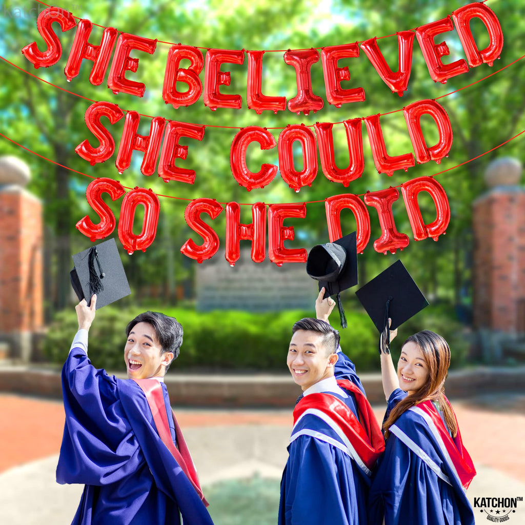 KatchOn 16 Inch Red 'She Believed She Could So She Did' Foil Balloon for Graduation Decorations