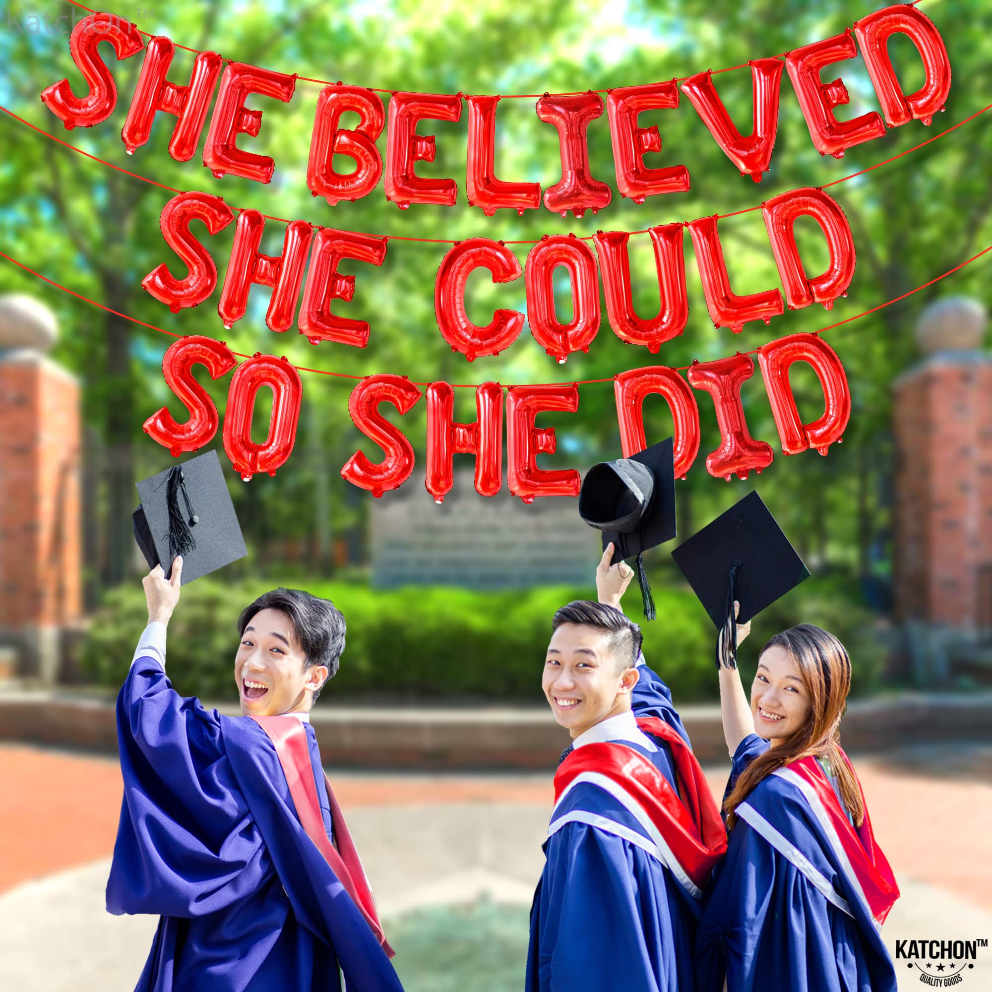 KatchOn 16 Inch Red 'She Believed She Could So She Did' Foil Balloon for Graduation Decorations