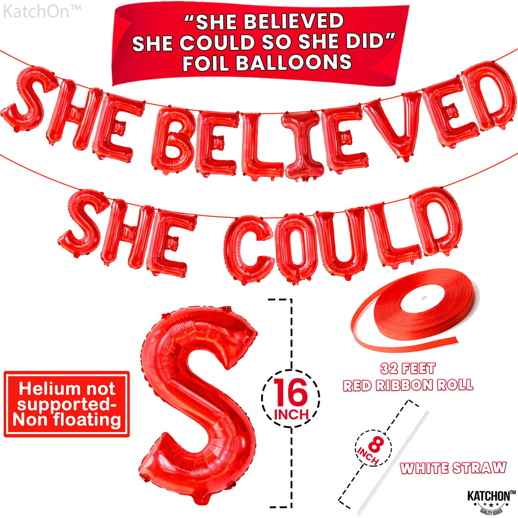 KatchOn 16 Inch Red 'She Believed She Could So She Did' Foil Balloon for Graduation Decorations
