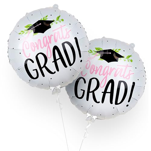 KatchOn 18-Inch Congrats Grad Balloons – 2-Pack White Foil Balloons for 2026 Graduation Party Decorations