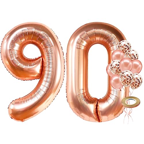 KatchOn 40 Inch Rose Gold 90 Number Balloon with 7 Confetti Balloons for 90th Birthday Decorations