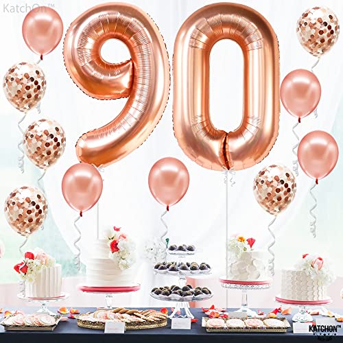 KatchOn 40 Inch Rose Gold 90 Number Balloon with 7 Confetti Balloons for 90th Birthday Decorations
