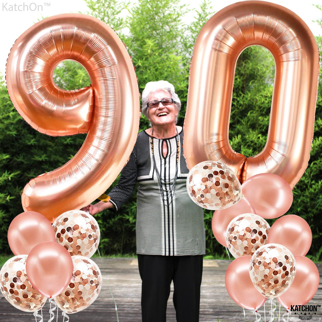 KatchOn 40 Inch Rose Gold 90 Number Balloon with 7 Confetti Balloons for 90th Birthday Decorations