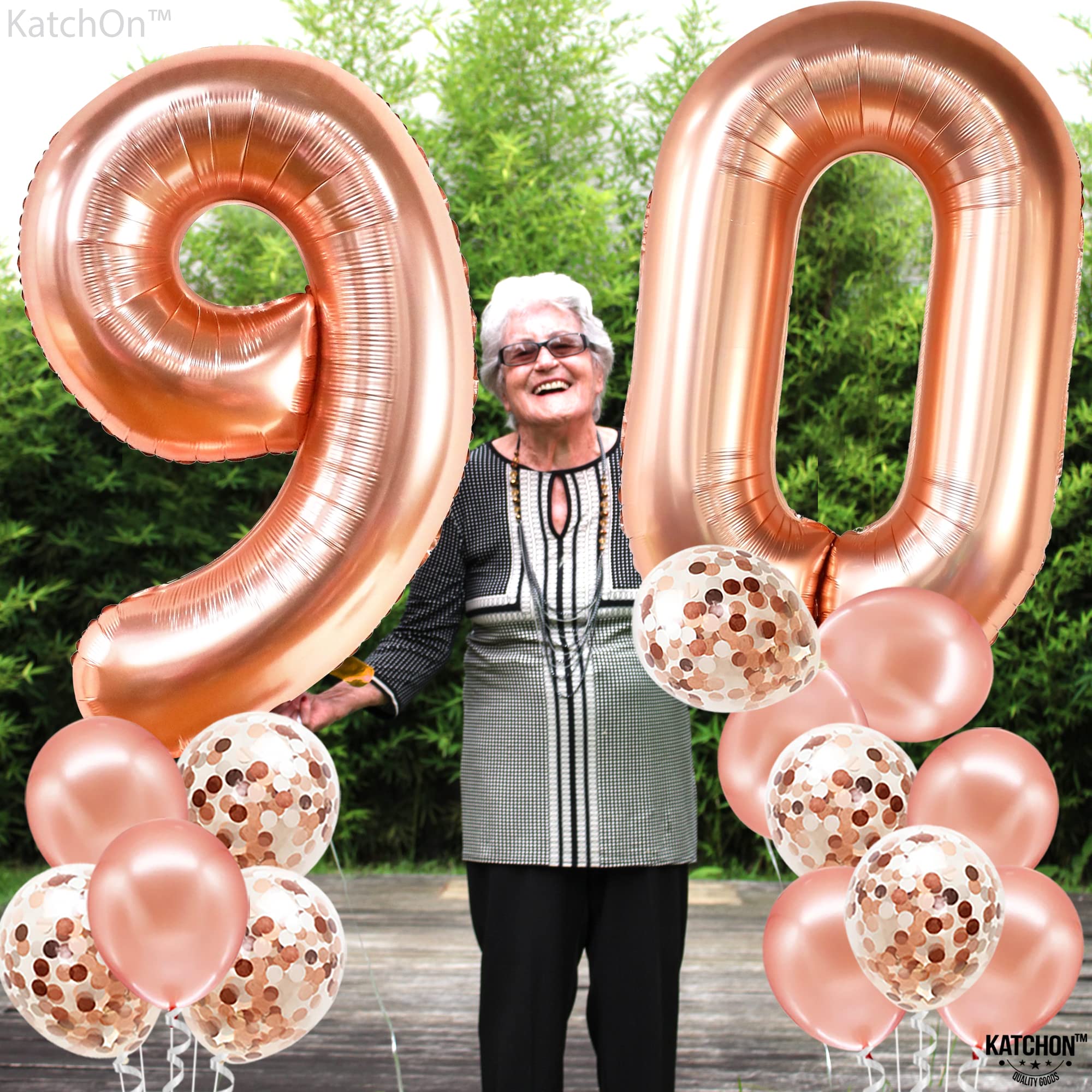 KatchOn 40 Inch Rose Gold 90 Number Balloon with 7 Confetti Balloons for 90th Birthday Decorations