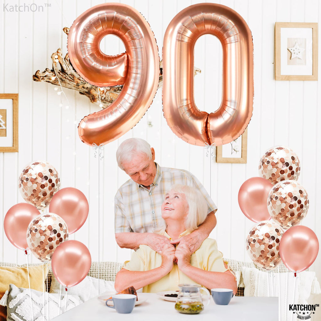 KatchOn 40 Inch Rose Gold 90 Number Balloon with 7 Confetti Balloons for 90th Birthday Decorations