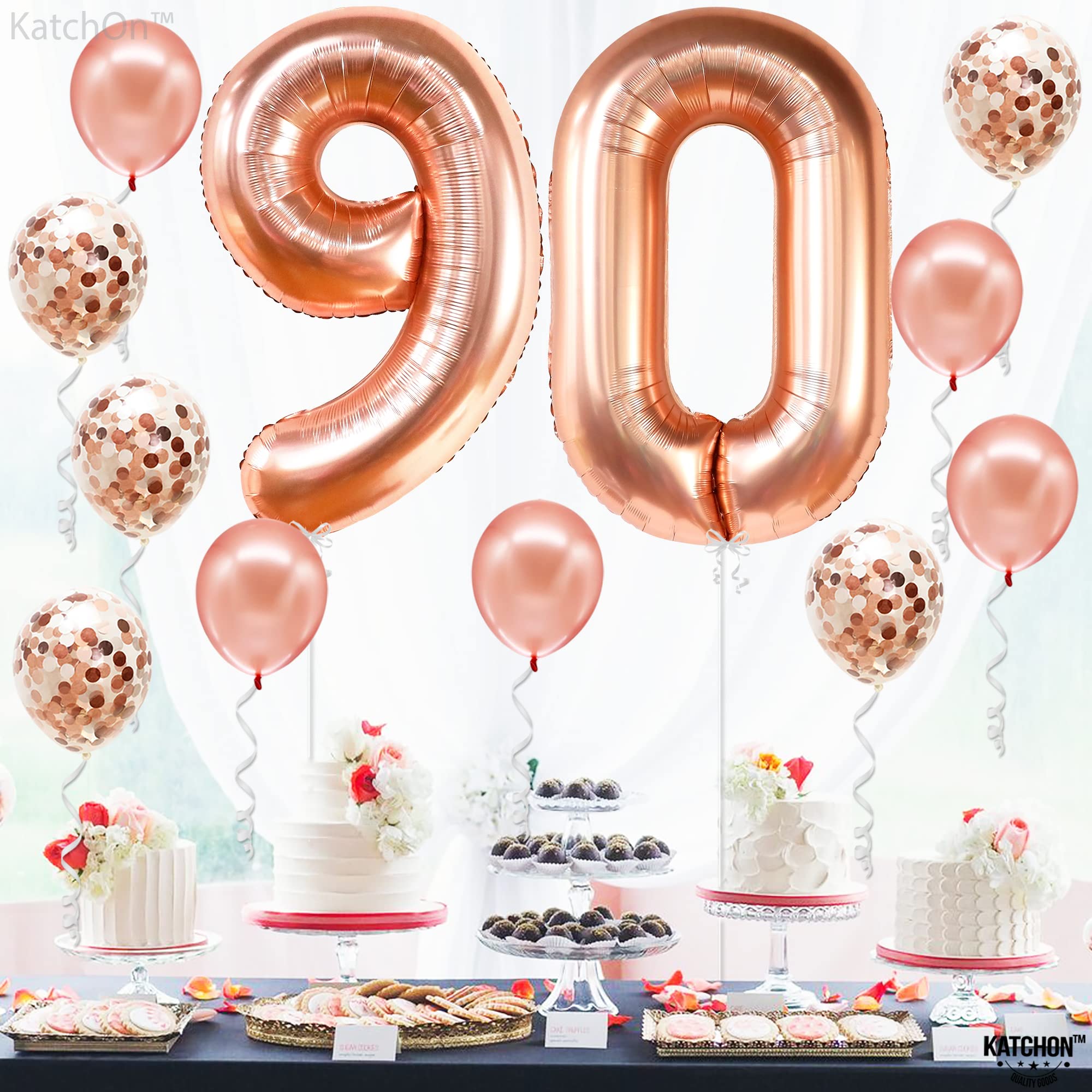KatchOn 40 Inch Rose Gold 90 Number Balloon with 7 Confetti Balloons for 90th Birthday Decorations