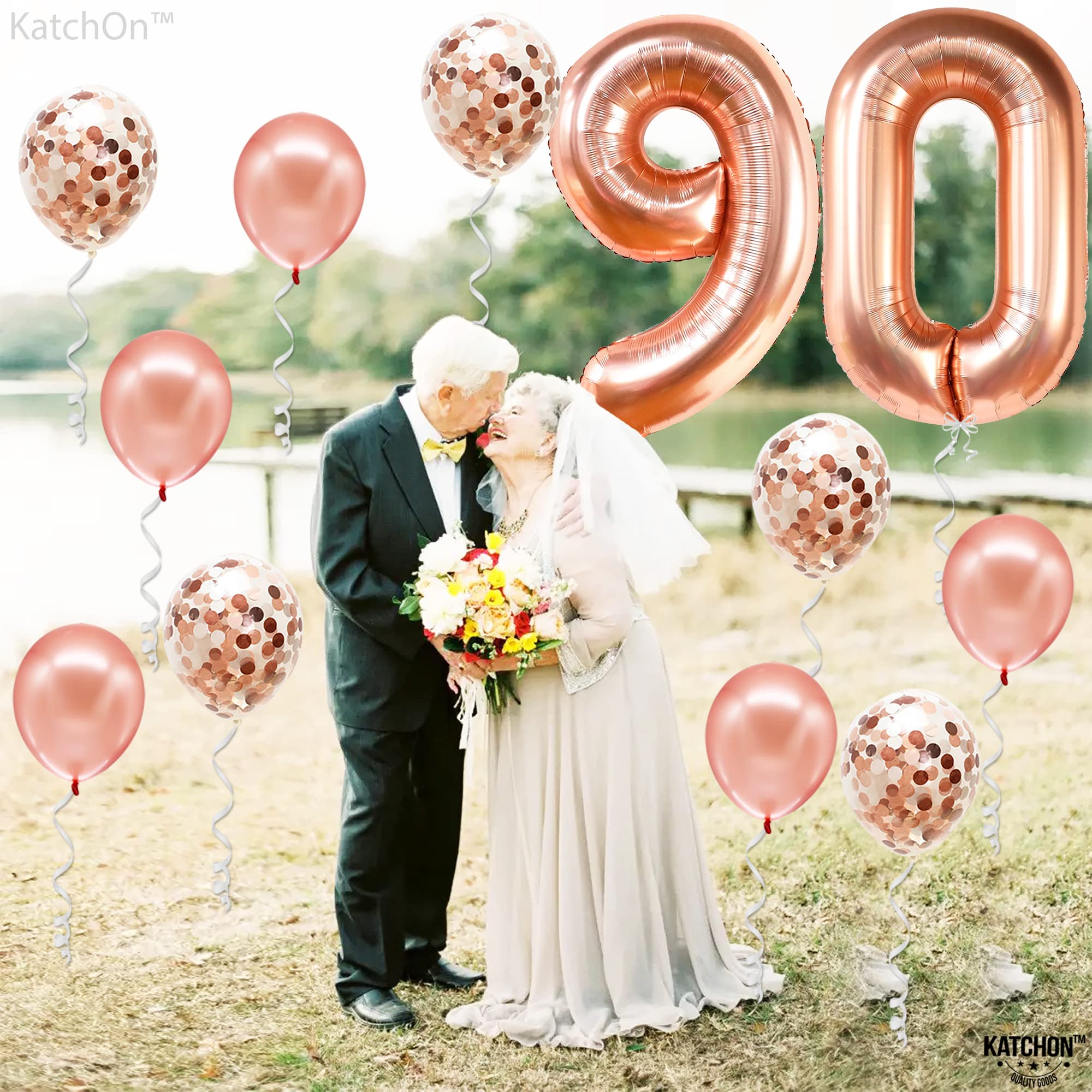 KatchOn 40 Inch Rose Gold 90 Number Balloon with 7 Confetti Balloons for 90th Birthday Decorations