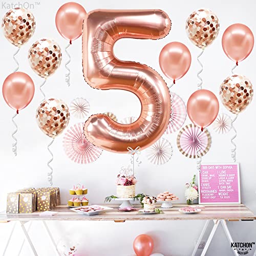 KatchOn 40-Inch Rose Gold Number 5 Balloon Set with Confetti for Birthday or Anniversary Decorations