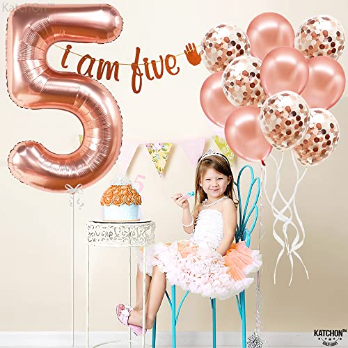 KatchOn 40-Inch Rose Gold Number 5 Balloon Set with Confetti for Birthday or Anniversary Decorations