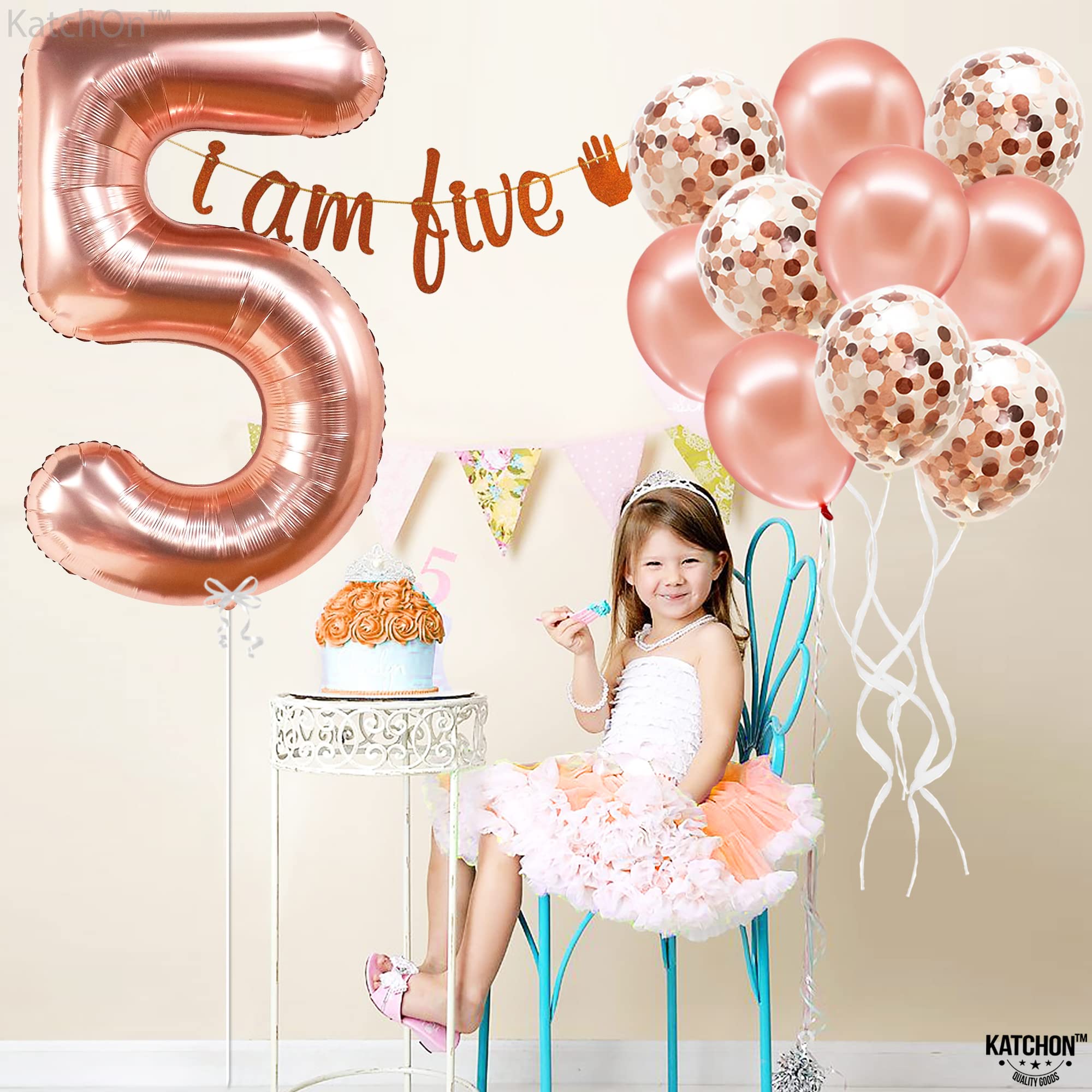 KatchOn 40-Inch Rose Gold Number 5 Balloon Set with Confetti for Birthday or Anniversary Decorations