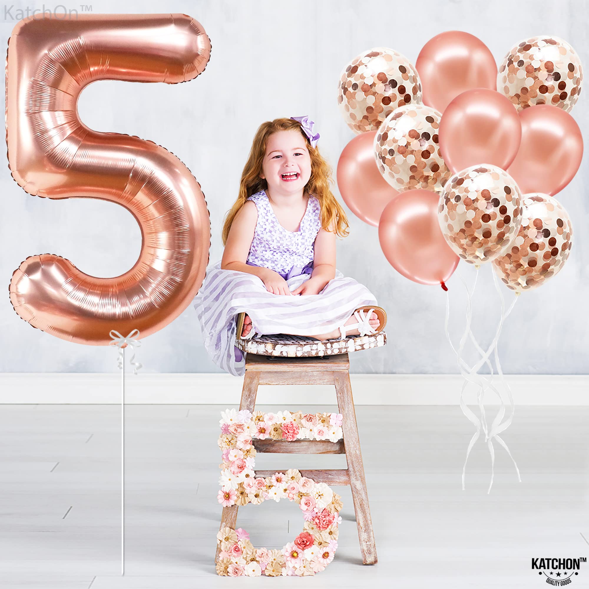KatchOn 40-Inch Rose Gold Number 5 Balloon Set with Confetti for Birthday or Anniversary Decorations