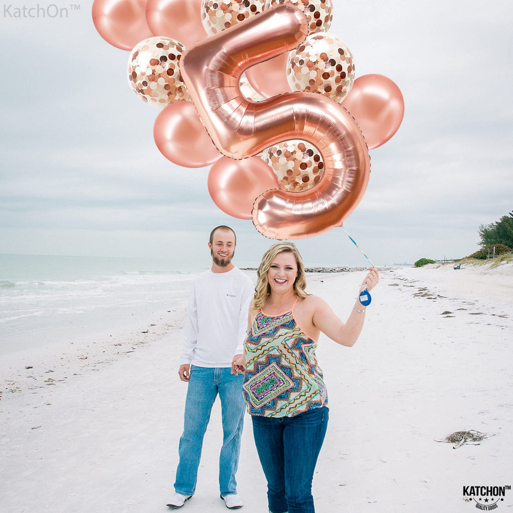 KatchOn 40-Inch Rose Gold Number 5 Balloon Set with Confetti for Birthday or Anniversary Decorations