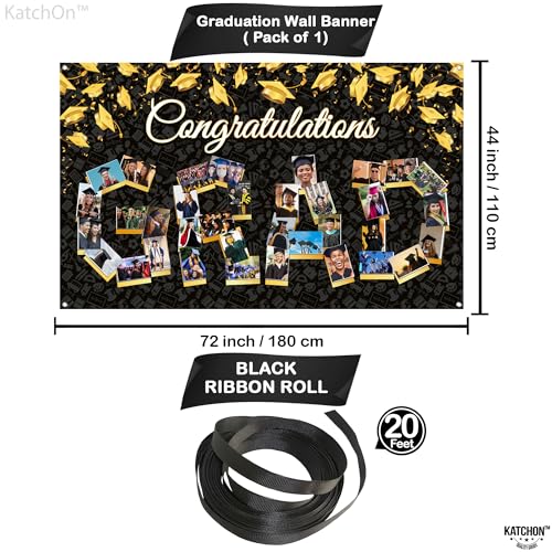 KatchOn 72x44 Inch Graduation Photo Banner - Black & Gold, Reusable Cloth, Holds 35 Photos with Stickers for 2026 Party Decor