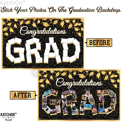 KatchOn 72x44 Inch Graduation Photo Banner - Black & Gold, Reusable Cloth, Holds 35 Photos with Stickers for 2026 Party Decor