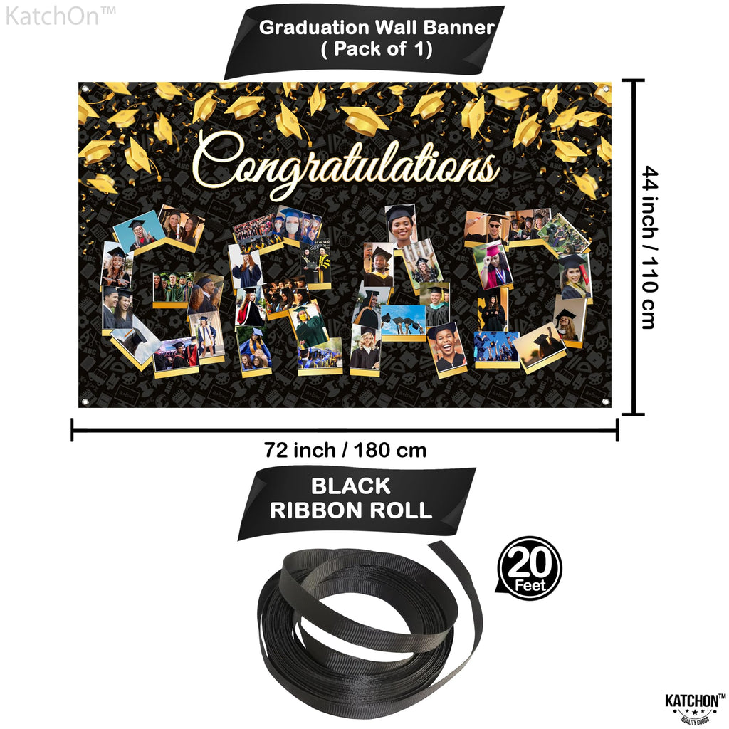 KatchOn 72x44 Inch Graduation Photo Banner - Black & Gold, Reusable Cloth, Holds 35 Photos with Stickers for 2026 Party Decor