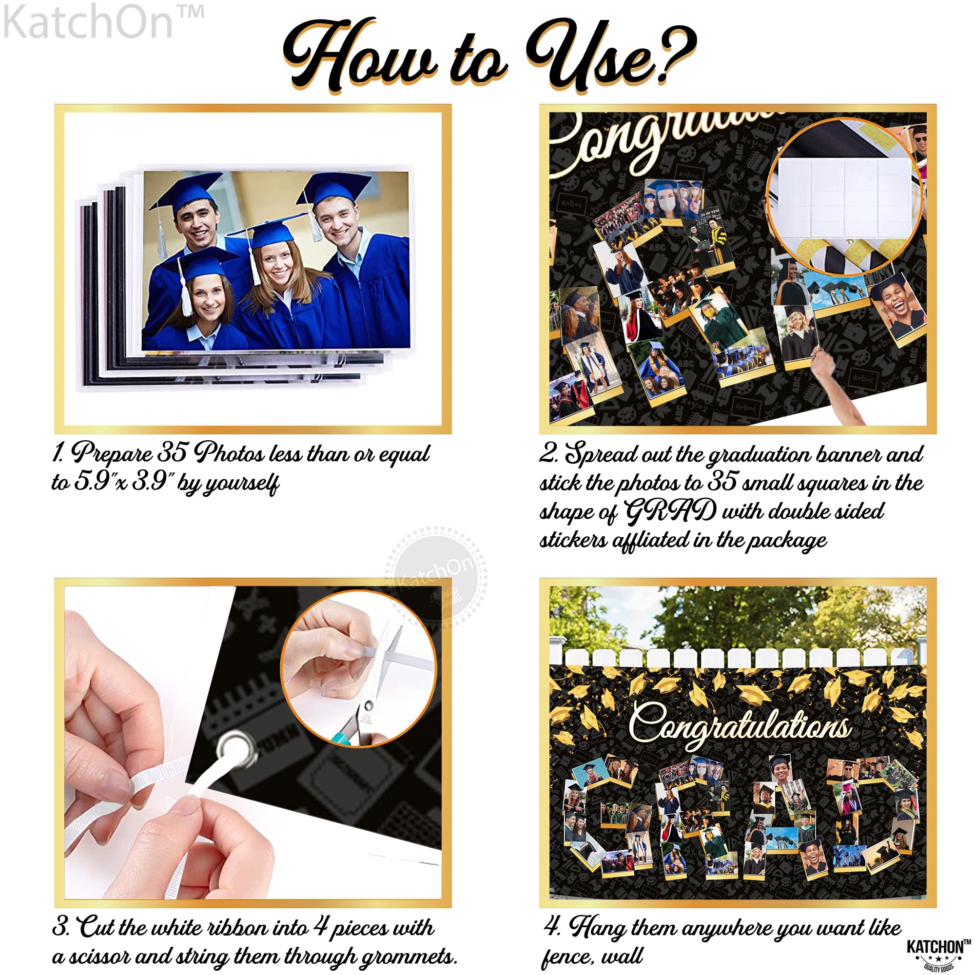 KatchOn 72x44 Inch Graduation Photo Banner - Black & Gold, Reusable Cloth, Holds 35 Photos with Stickers for 2026 Party Decor