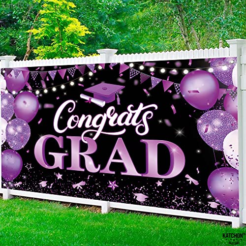 KatchOn 72x44 Inch Purple & Black Congrats Grad Banner for Class of 2026 – Reusable Cloth Fabric Graduation Decorations
