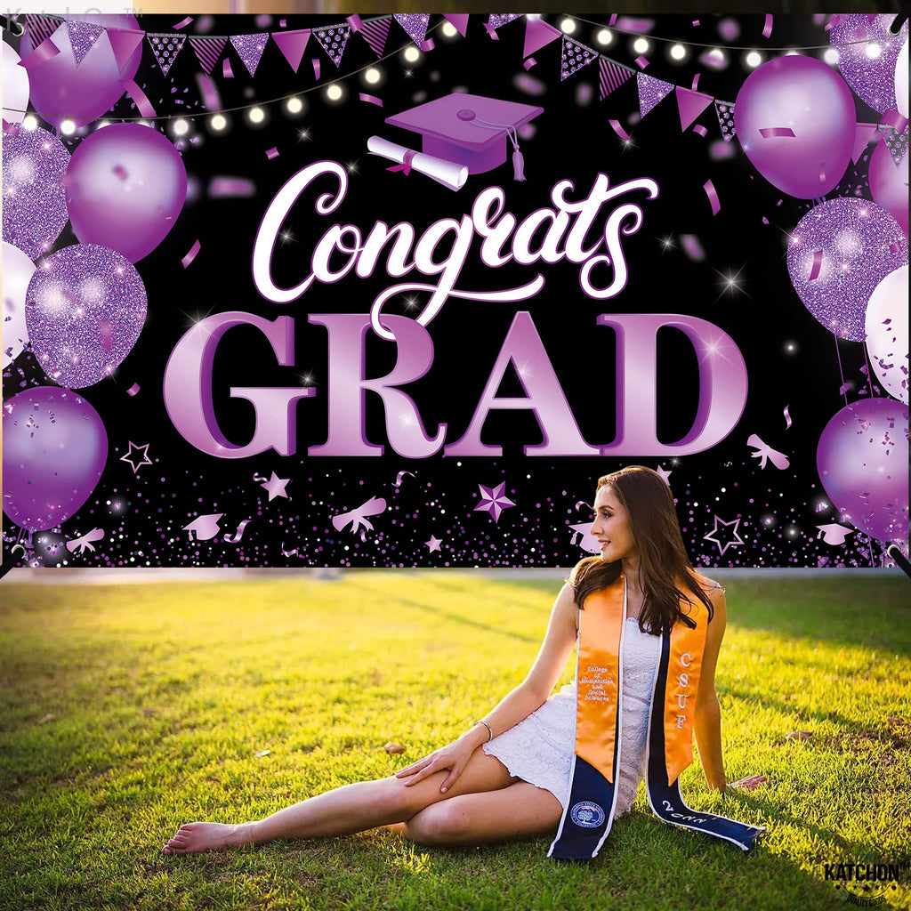 KatchOn 72x44 Inch Purple & Black Congrats Grad Banner for Class of 2026 – Reusable Cloth Fabric Graduation Decorations